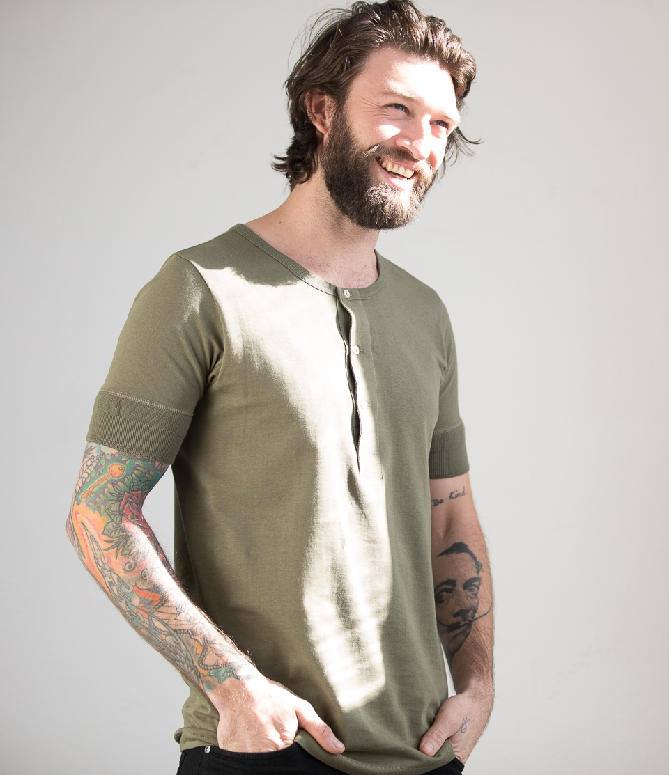 Dark Green Men Merz B. Schwanen 207 loopwheeled henley T Shirts | MERZ3485176