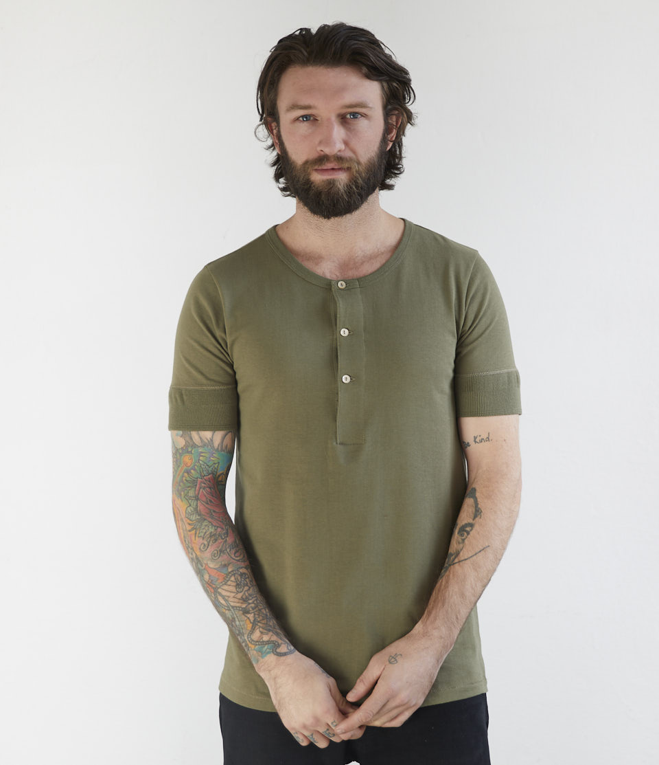 Dark Green Men Merz B. Schwanen 207 loopwheeled henley T Shirts | MERZ3485176